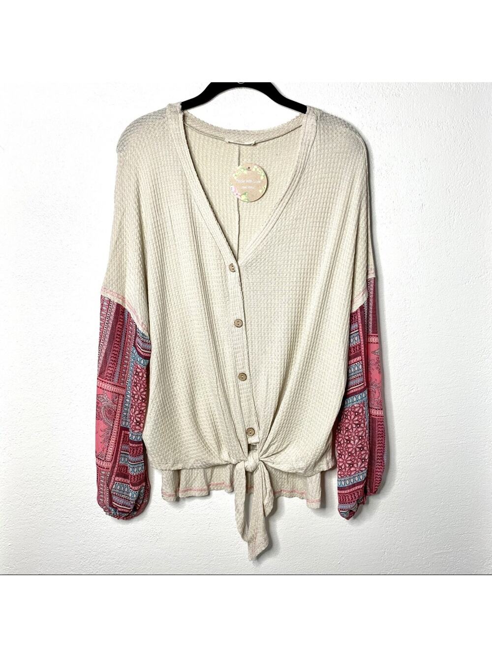 Hummingbird Boho Contrast Sheer Sleeve Thermal Top Size Small